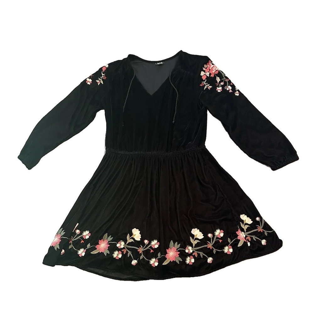 A.N.A Black Velvet Floral Embroidered Womens Dress XL Peasant Whimsigoth Boho